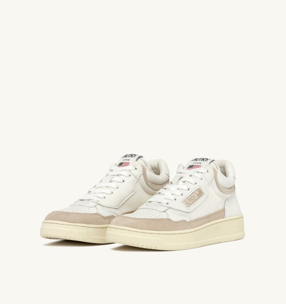 Autry Open Mid Sneakers Leather Mesh Sand Suede Sneakers Damen Weiß Beige | 7031ZVMGX