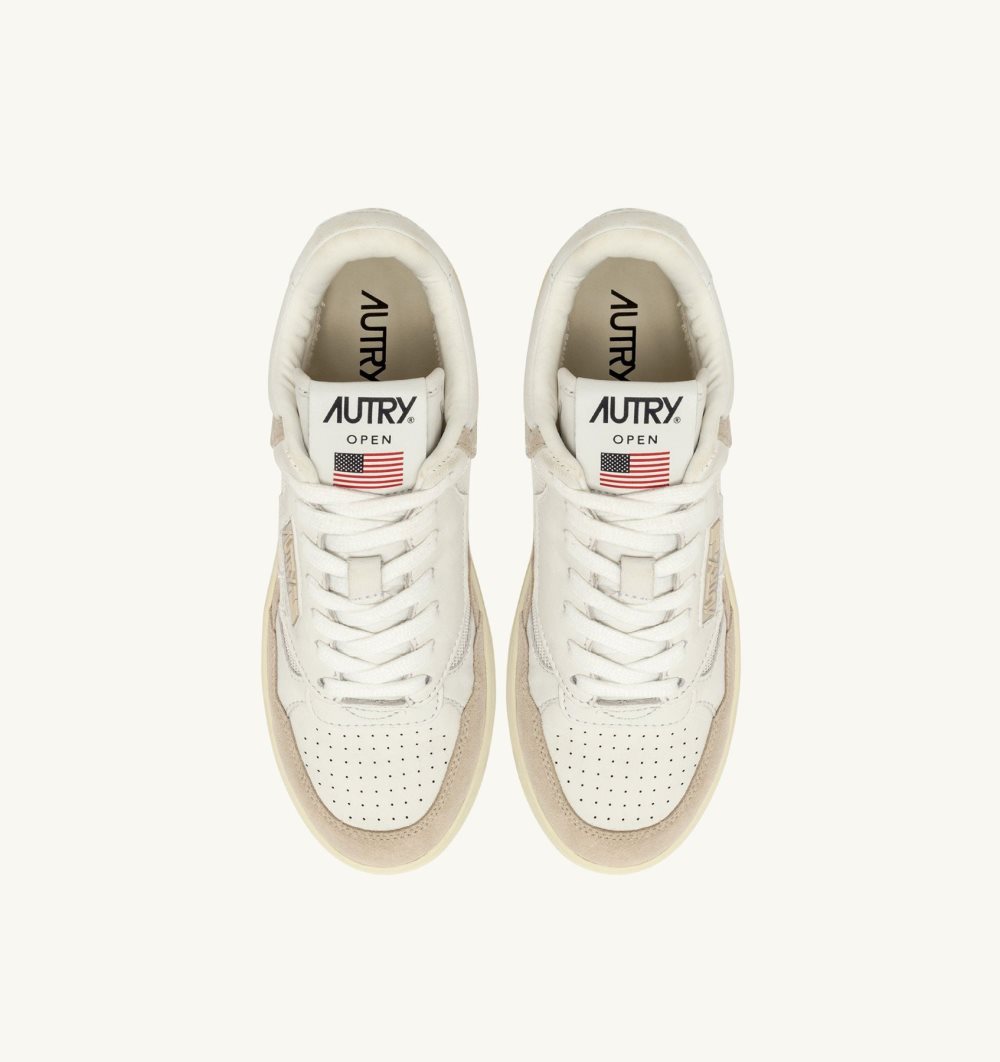Autry Open Mid Sneakers Leather Mesh Sand Suede Sneakers Damen Weiß Beige | 7031ZVMGX