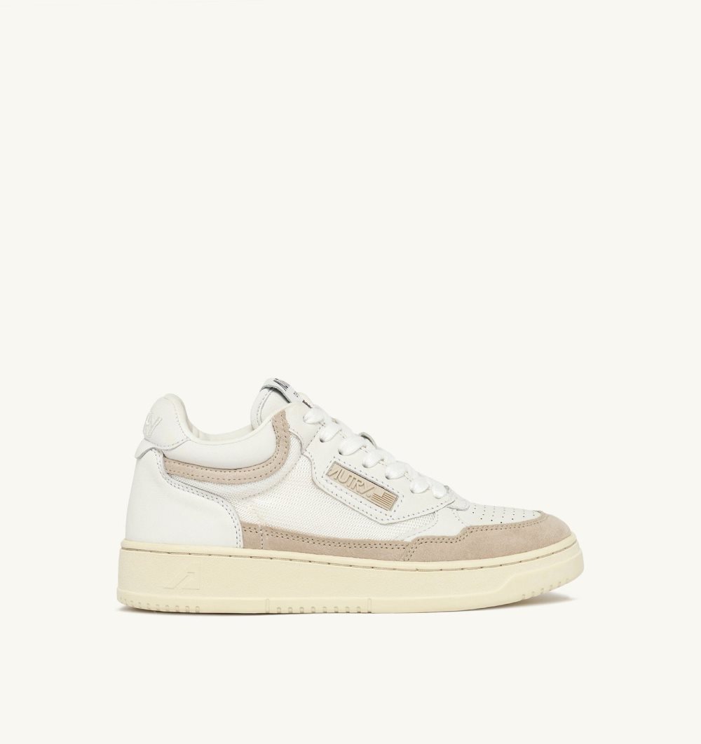 Autry Open Mid Sneakers Leather Mesh Sand Suede Sneakers Damen Weiß Beige | 7031ZVMGX