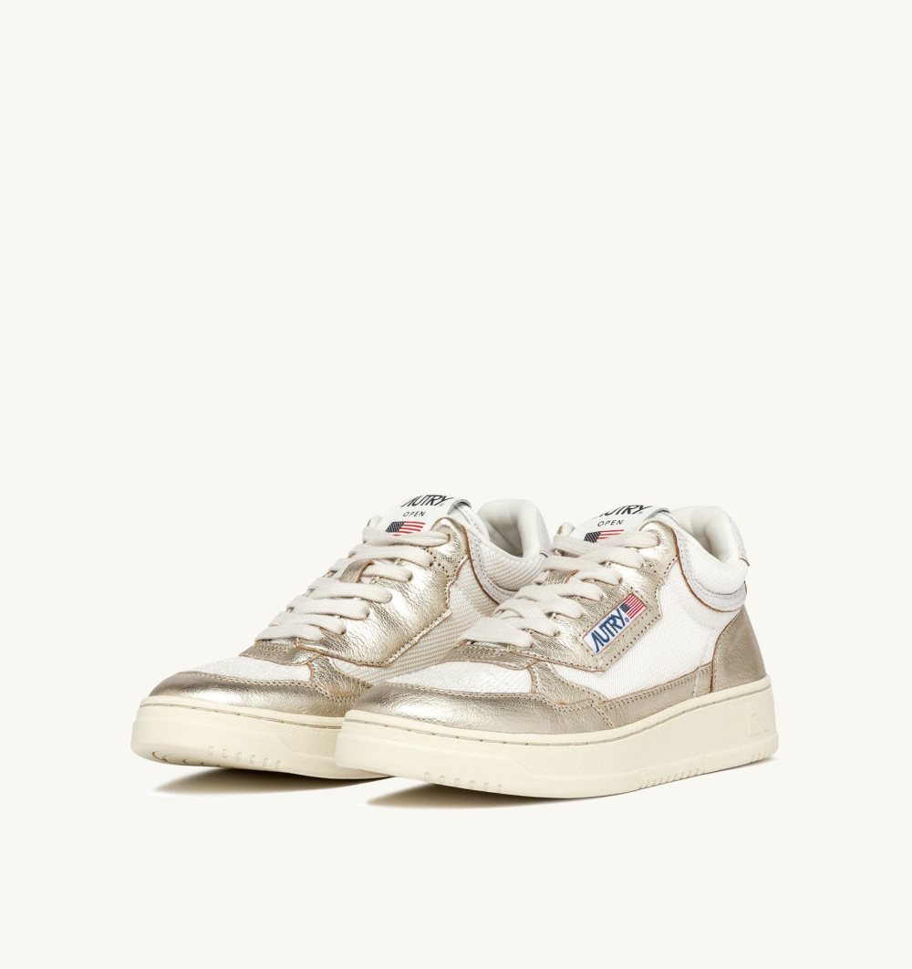Autry Open Mid Sneakers Mesh Platinum Sneakers Damen Gold Weiß | 7931QHTBJ