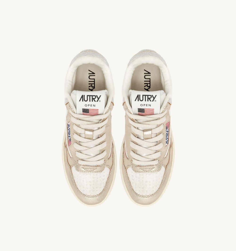 Autry Open Mid Sneakers Mesh Platinum Sneakers Damen Gold Weiß | 7931QHTBJ